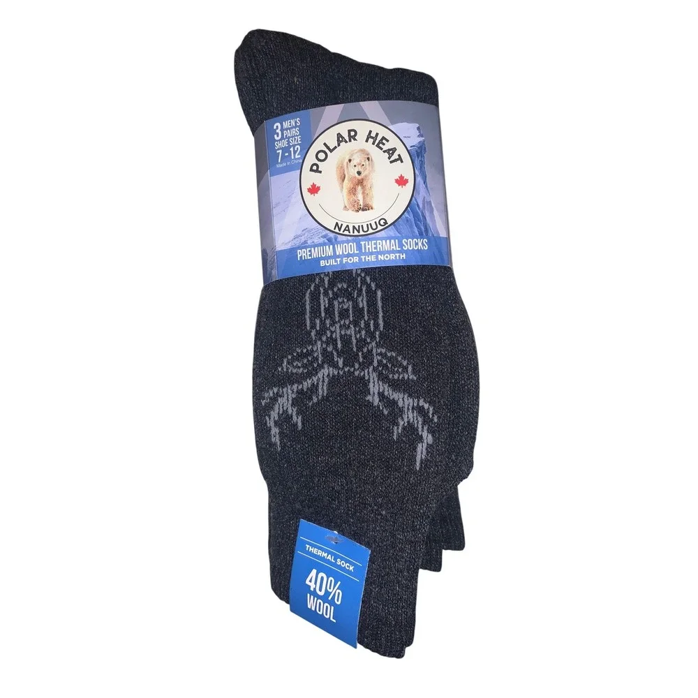 Polar Heat Nanuuq Mens 3 Pack Wool Thermal Crew Socks Charcoal Gray Size 7-12‎